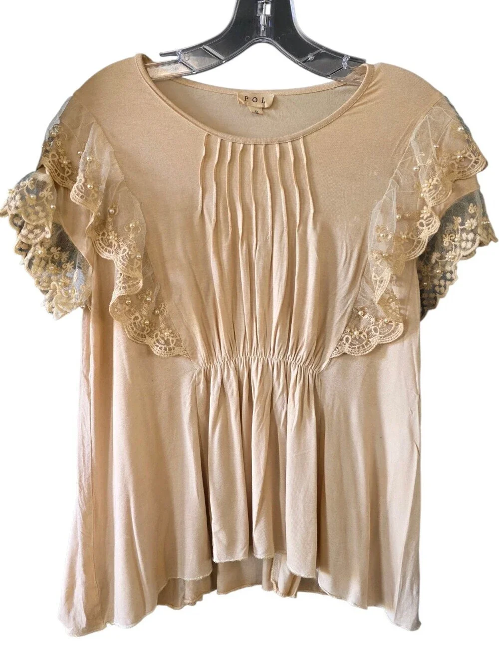 POL Women's Beige Lace-Trim Peplum Blouse Size Small